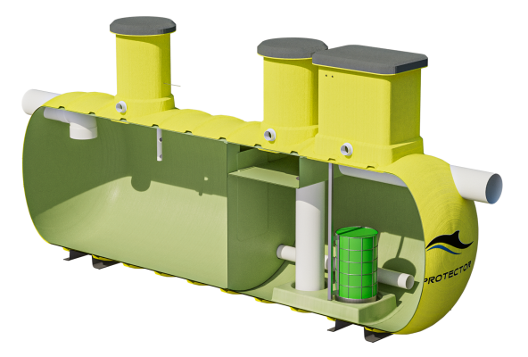 Dual chamber, fine particle, sedimentation and organic pollutant removal treatment with large retention and Bypass.